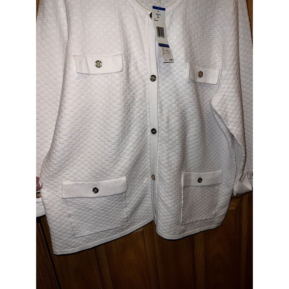 Jones New York NEW 1X Plus Sweater White Knit Cotton Gold Buttons Retail $129 - Picture 2 of 5